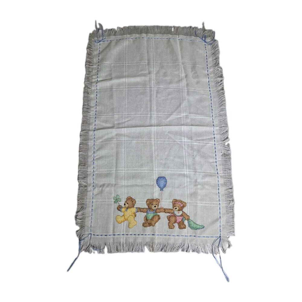Handmade Cross Stitch Teddy Bear Baby Blanket Throw White Plaid Fringe 42x26 GUC